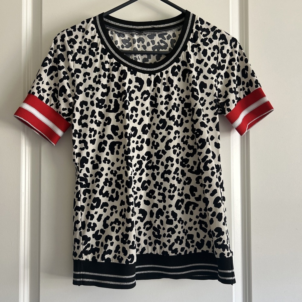 Leopard Print Short Sleeve Knit Top Small Metallic Varsity Striped Trim